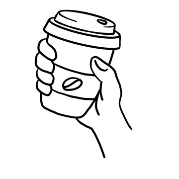 Minimalist line art illustration of a hand holding a take away coffee cup with bean icon
