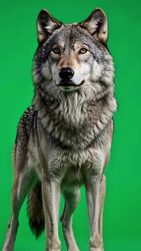 Camera orbits a Gray wolf on a green screen, showcasing its powerful stance and intricate details of its coat while the background shifts artistically, enhancing the drama