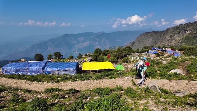 Hiker trekking near Kedarnath temple base camp in Rudraprayag