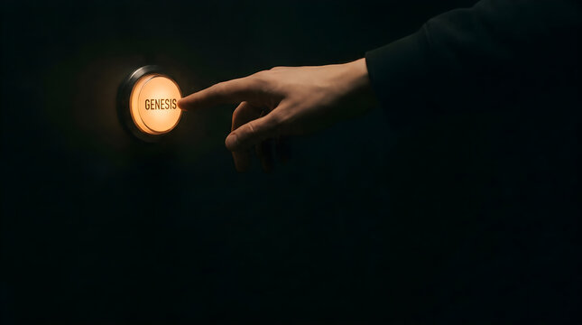 Person pressing a glowing button labeled with the word genesis