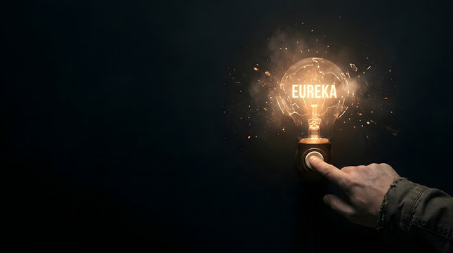 A hand pressing a button on a glowing cracked lightbulb
