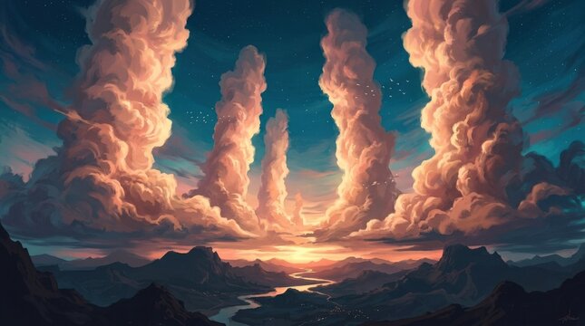 Towering vertical cloud columns glowing peach, pink and gold against a saturated teal-blue sky, surreal atmospheric landscape, soft volumetric sunset light, painterly cloud texture, monumental scale