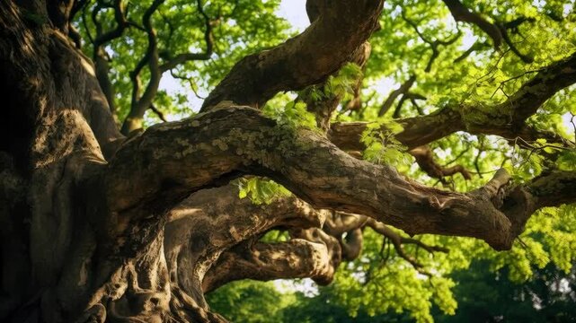 Detailed Texture of Ancient Tree Bark and Green Leaves in a Sunlit Forest