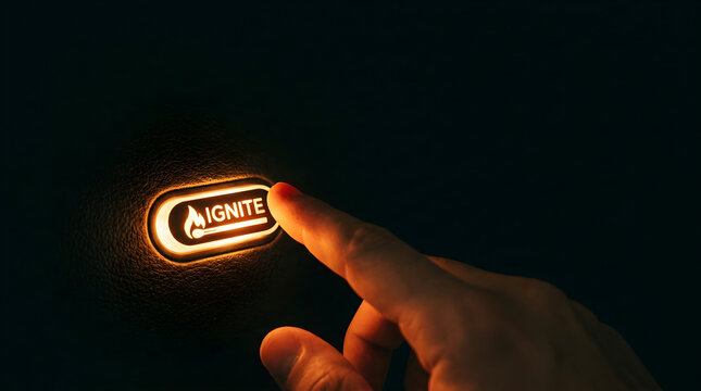 Finger pressing an illuminated ignite button in the dark