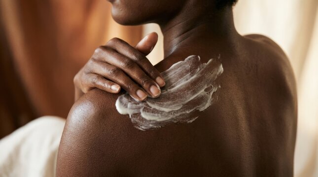 Close-up of dark luminous bare back and shoulder while a hand spreads white body lotion across the skin, premium skincare photography, rich bronze and warm cream palette, glossy highlights, tactile