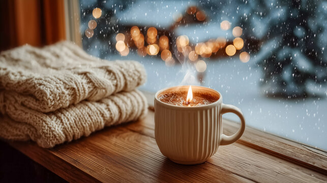 Cup of Warm Drink Near Window With Snow Falling Outside