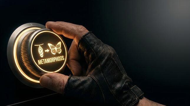 A gloved hand turning a glowing dial with a metamorphosis symbol