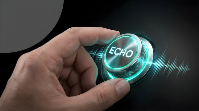 A hand turning a metal dial with the text echo on it