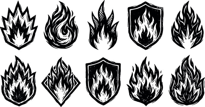 Vintage Fire Flames Badges Shield Icons Set Grunge Hand Drawn Campfire Bonfire Clipart Vector Illustration