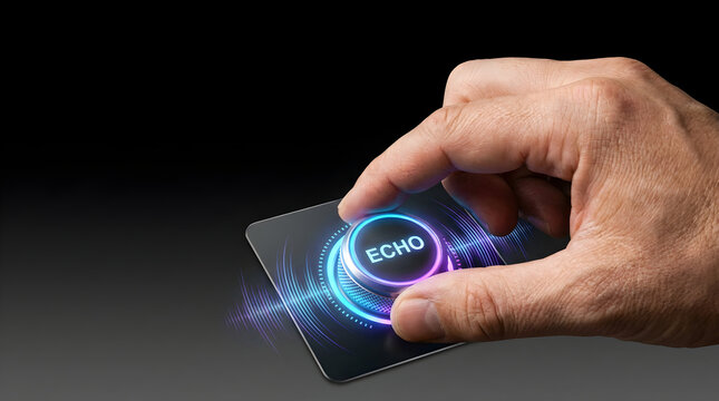 Hand turning a glowing digital dial labeled with the word echo