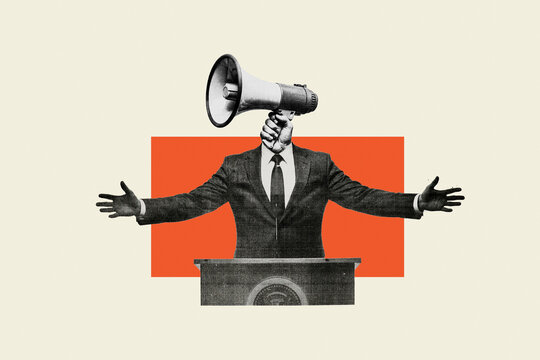 Businessman with megaphone head speaking at podium on red background collage