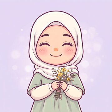 Smiling muslim girl with hijab holding a bouquet of flowers illustration in a cute cartoon style