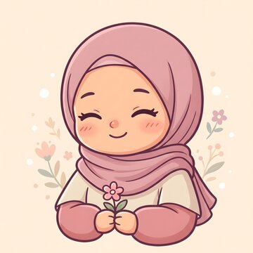 Cute muslim girl with hijab holding flowers illustration in pastel tones