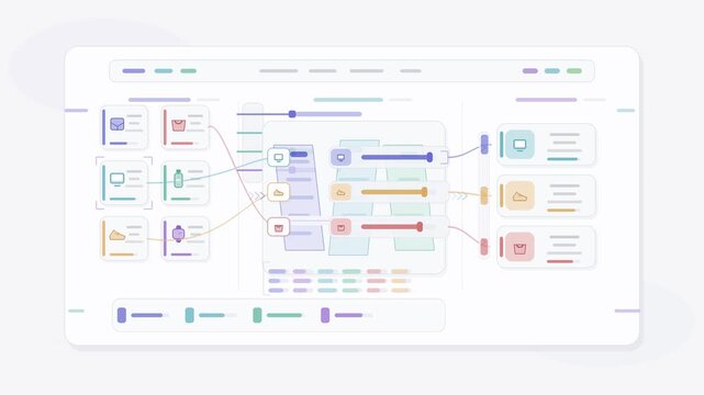 Digital interface data processing workflow animation featuring node connection lines moving across a minimalist software dashboard screen design video