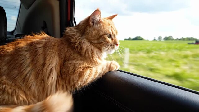 Orange tabby cat leans against car window and watches rural landscape moving past. Long haired feline remains alert and calm during countryside journey, with farm buildings appearing outside.