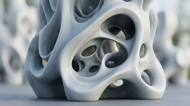 Pale gray biomorphic structure with smooth cavities and flowing organic openings, surreal macro 3D render, cool gray and white palette, soft diffuse light, matte ceramic texture, futuristic