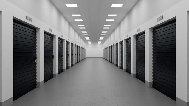 Realistic 3D Rendering Animation Moving Forward Along the Bright Corridor of a Modern Self Storage Facility with Secure Black Roll-Up Doors and Clean Interior Design