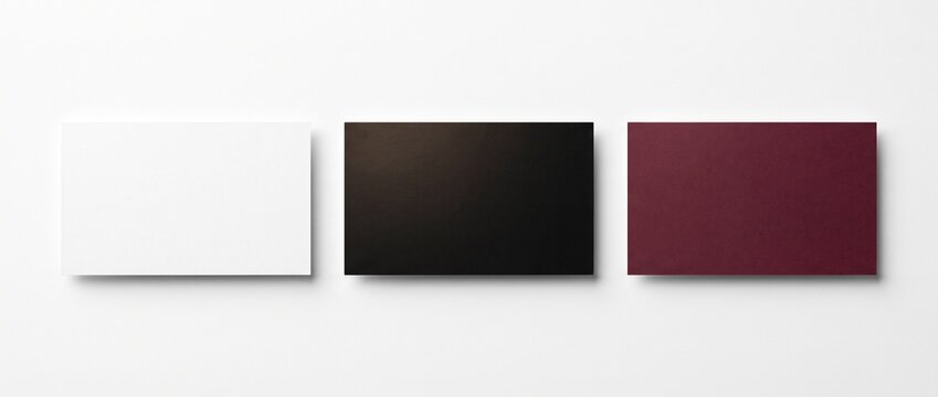 Conjunto de mockup de cart&otilde;es de visita em branco. Tr&ecirc;s cart&otilde;es corporativos nas cores branco, preto e vinho isolados no fundo branco para apresenta&ccedil;&atilde;o de design