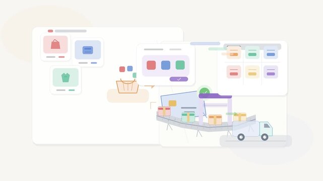 Online shopping flowchart animation showing e-commerce ordering process and delivery workflow with tracking in motion video