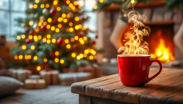 Warm Drink Sits on a Wooden Table Near a Decorated Christmas Tree and a Fireplace