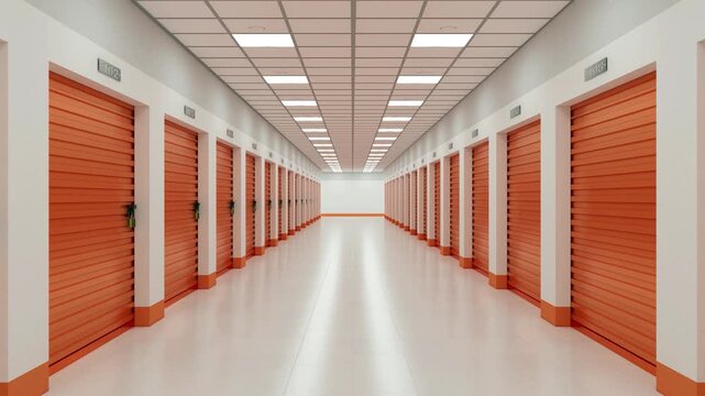 Realistic 3D Rendering Animation Moving Forward Along the Bright Corridor of a Modern Self Storage Facility with Secure Orange Roll-Up Doors and Clean Interior Design