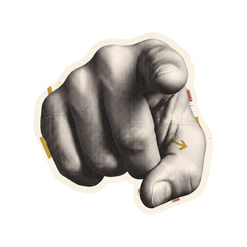 Retro halftone sticker of pointing hand showing index finger perspective view with golden arrows for creative design works