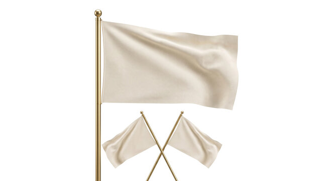 White flag mockup set with gold poles, blank cream fabric flags waving on brass flagpoles, three realistic textile flag templates