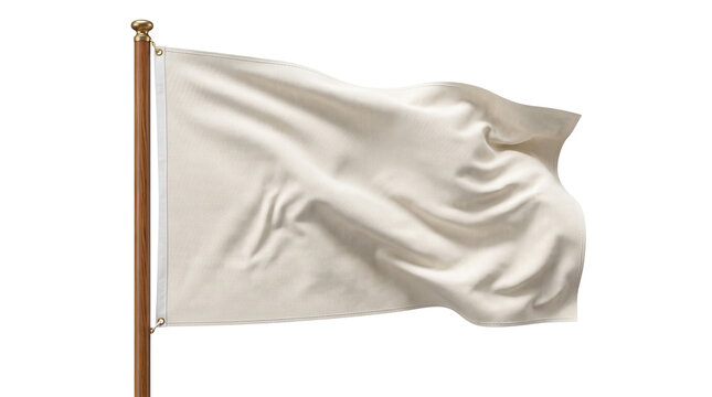 Blank white flag fluttering on wooden flagpole, isolated fabric banner mockup, clean textile symbol of peace and surrender