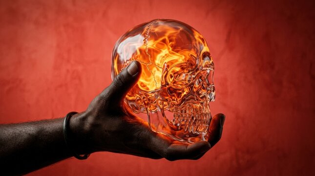 Black hand holding a translucent human skull glowing molten orange from within, coral-red background, surreal anatomical still life, glossy reflections, high contrast, mortality and science concept