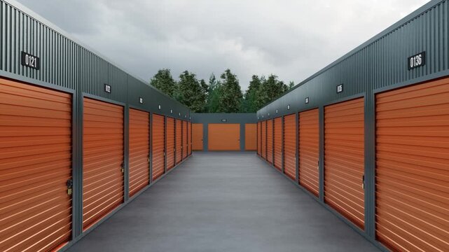 Realistic 3D Rendering Animation Moving Forward Between Two Rows of Outdoor Self Storage Facility Units with Dark Metal Corrugated Walls and Orange Roll-Up Doors Under an Overcast Sky