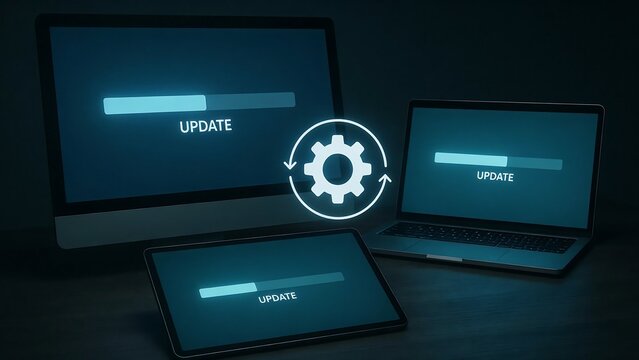 Digital devices with loading bars indicating software updates during a dark technological concept
