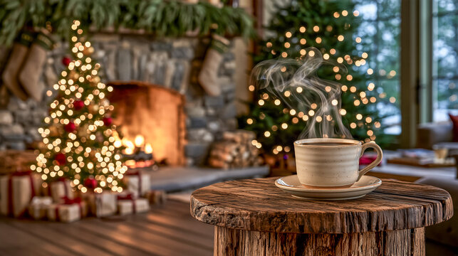 Cozy Winter Scene With Decorated Christmas Trees and a Steaming Cup of Coffee