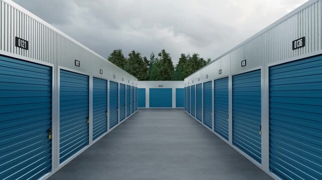 Realistic 3D Rendering Animation Moving Forward Between Two Rows of Outdoor Self Storage Facility Units with white Metal Corrugated Walls and Bright Blue Roll-Up Doors Under an Overcast Sky