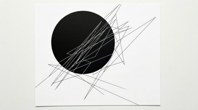 Large black circle intersected by thin angular white and black lines, minimalist constructivist graphic design, crisp white background, asymmetrical composition, strong negative space and refined