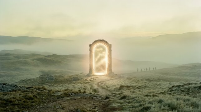 Hazy glowing doorway standing in a pale yellow-green landscape with tiny distant silhouettes, surreal conceptual scene, soft mist, subdued olive and cream palette, centered portal composition,