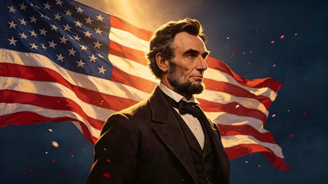 Abraham Lincoln Heroic Portrait with Waving American Flag at Sunset