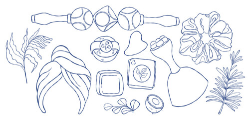 Obraz premium Home Eco Spa Bathroom Set. Wooden Massage Tools, Gua Sha, Solid Shampoo, Hair Turban Towel, Scrunchie and Natural Soap. Botanical Skincare Routine. Isolated Vector Blue Line Art Hand Drawn Doodle