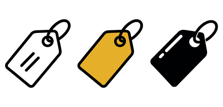 Three distinct price tag icons: outline, yellow filled, and solid black, for e-commerce, retail, and sales promotions.