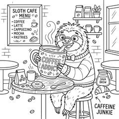 Obraz premium Cute Sloth Enjoying Coffee in a Cozy Cafe, Hand Drawn Cartoon Animal Illustration with Coffee Mug and Cafe Interior