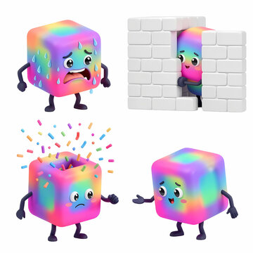 Cute anthropomorphic glowing neon-gradient hypercube mascot with tiny limbs and dot eyes, shown sweating after exercise, peeking shyly  with colorful confetti and bowing politely in four expressions