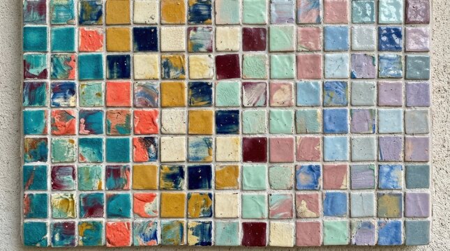Dense mosaic of small square tiles, each filled with unique painterly colors and textures, abstract grid artwork in turquoise, coral, mustard, navy, cream, burgundy and pastel tones, handcrafted