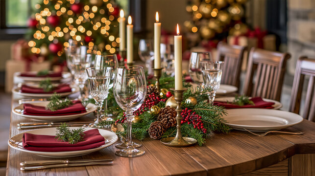 Holiday Dinner Table Set for Celebration With Candles and Decorations