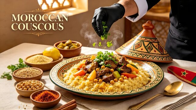 Moroccan Couscous: Traditional meat couscous dish with tagine and chef garnishing herbs