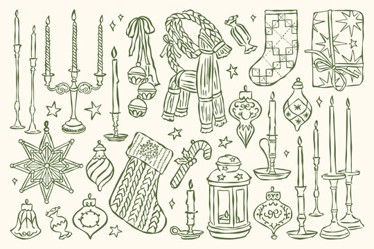 Hand drawn vintage Christmas illustration in green line art on a cream background. Cozy Scandinavian holiday decor with glowing candles, ornaments, a straw Yule goat, stockings and sparkling stars