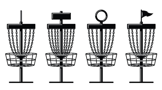 Disc golf basket vector illustration set with various targets and chains in black silhouette