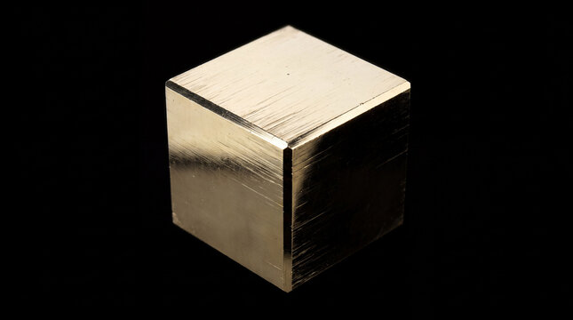 Conceptual digital art render of a natural cubic pyrite mineral crystal on black background