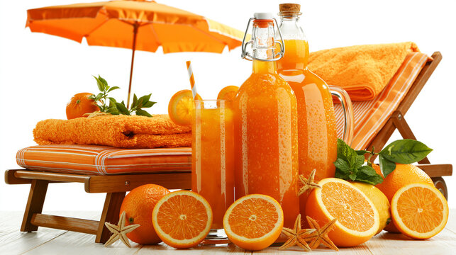 Fresh orange juice in glass bottles and glasses with beach equipment