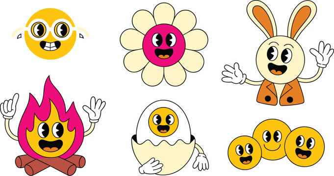 Retro Rubber Hose Cartoon Character Vector Set Featuring Vintage Style Mascot Elements Like Campfire, Flower, Bunny Rabbit, Boiled Egg, and Smiley Faces