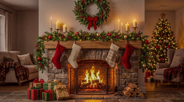Cozy Fireplace With Stockings and Christmas Tree in a Decorated Living Room
