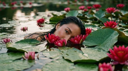 Dreamy woman partially submerged among vivid crimson water lilies and broad green leaves, surreal beauty editorial photography, only part of her face visible, rich red, emerald and warm skin palette,
